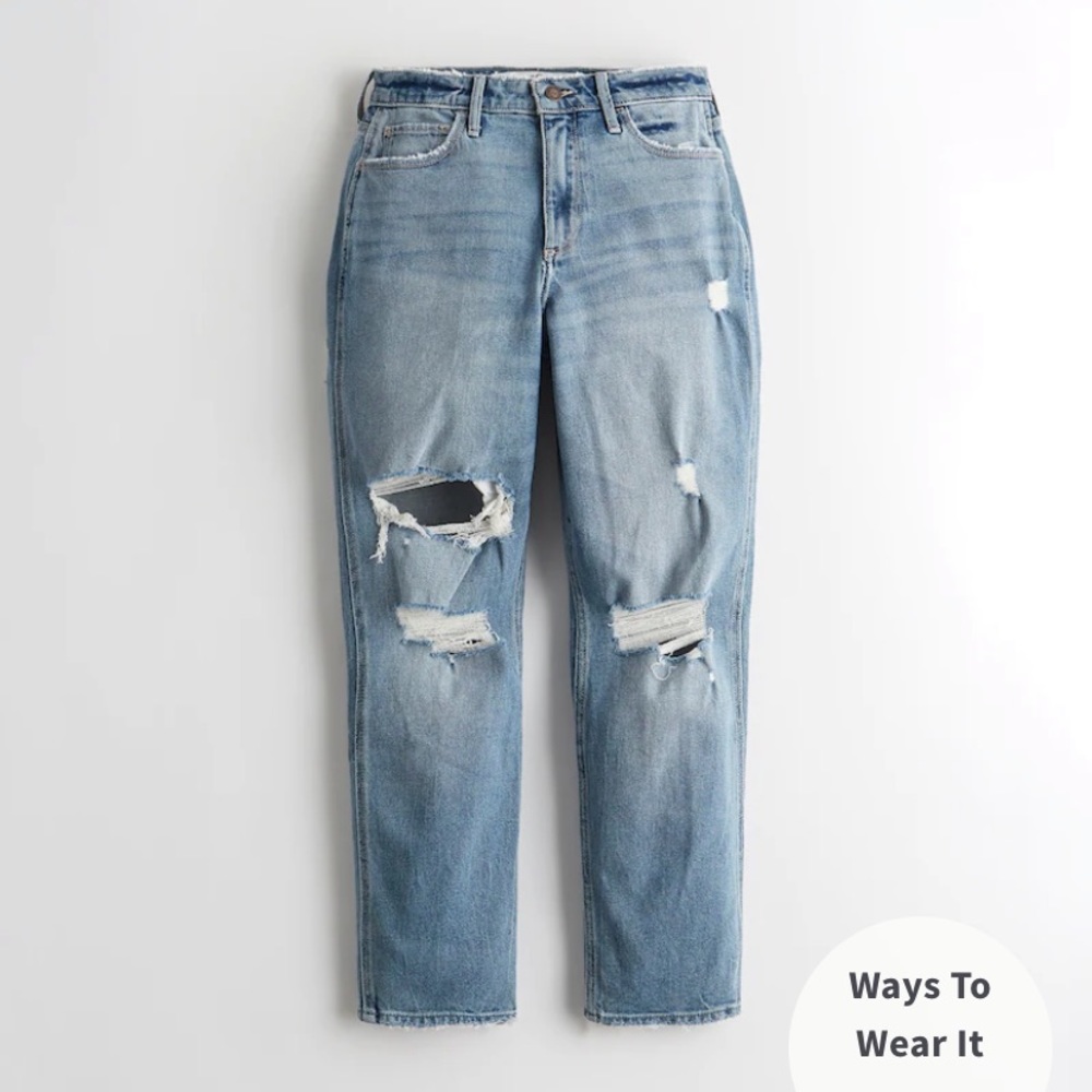 Hollister CURVY HIGH-RISE RIPPED MEDIUM WASH MOM JEANS, W 32 L 27